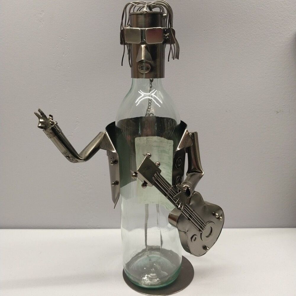 Handmade Metal Rock Guitarist Wine Bottle Holder Peace Sign Sculpture 12.5"